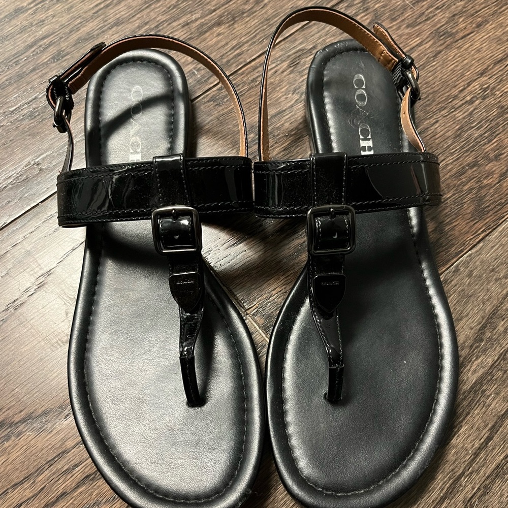 Coach Glossy Black Leather Sandals